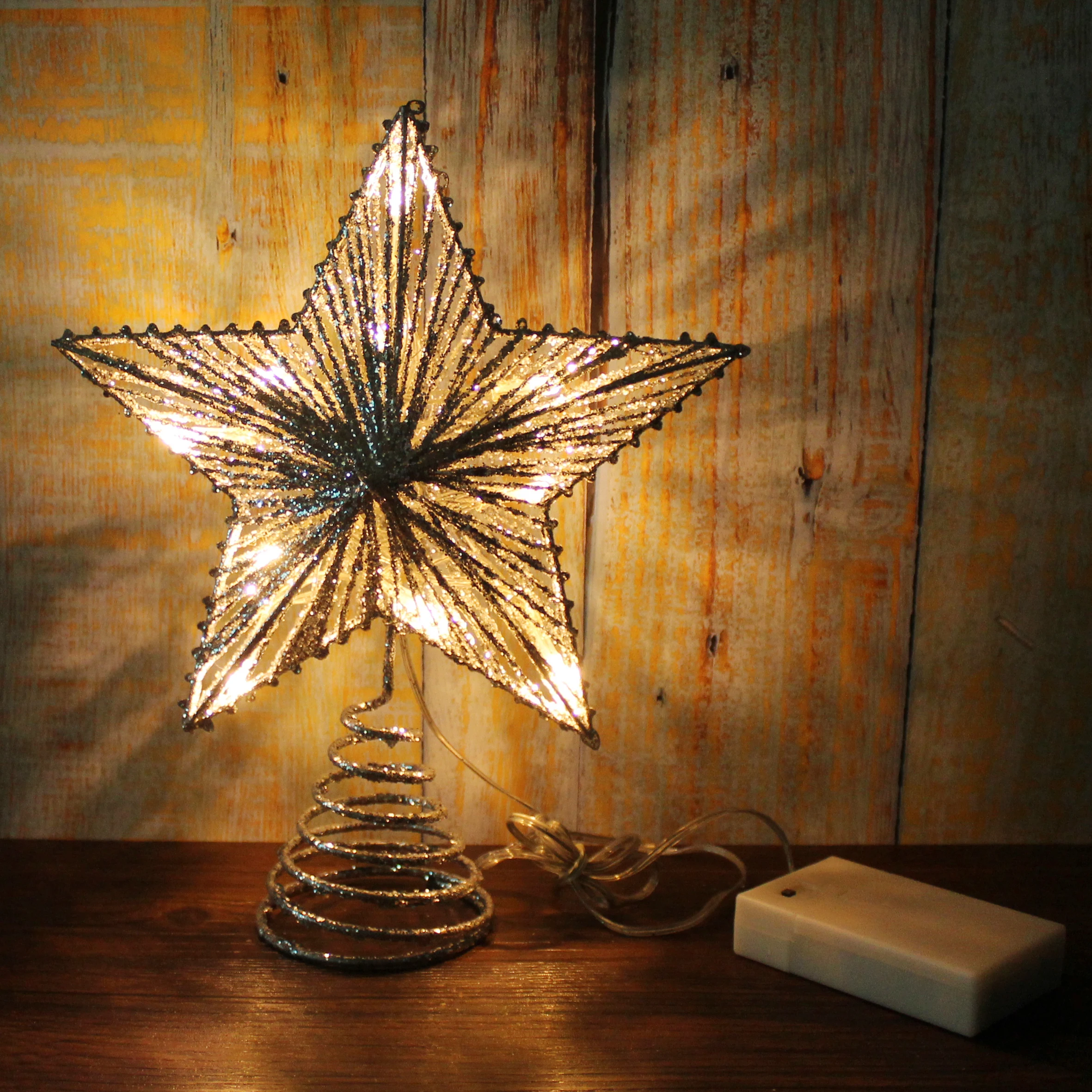 Silver Glittered 3D Tree Top Star with Warm White LED Lights and timer for Christmas Ornaments Decor