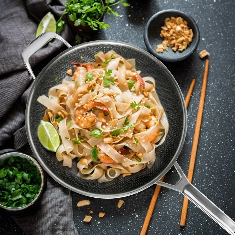 Hot Sale 316 chinese stainless steel honeycomb non stick gas cooker wok pan with lid