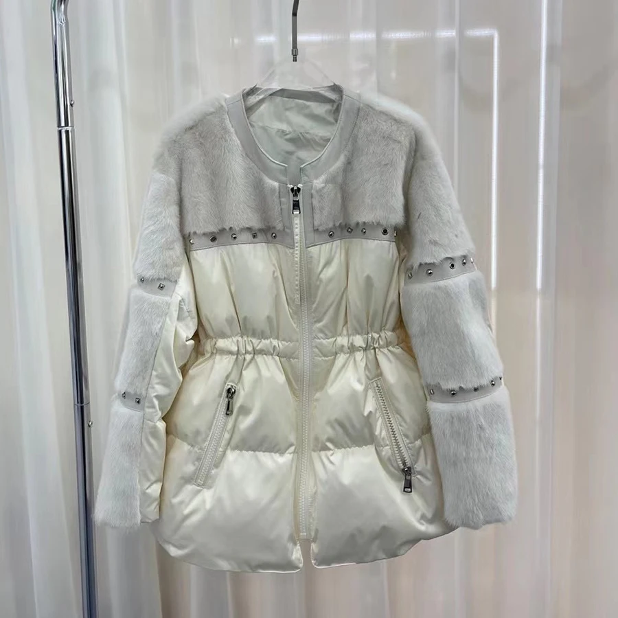 OFTBUY 2023 Fashion Winter White Goose Feather Down Short Jacket Real Mink Fur Shawl RivetedCoat Women Loose Streetwear