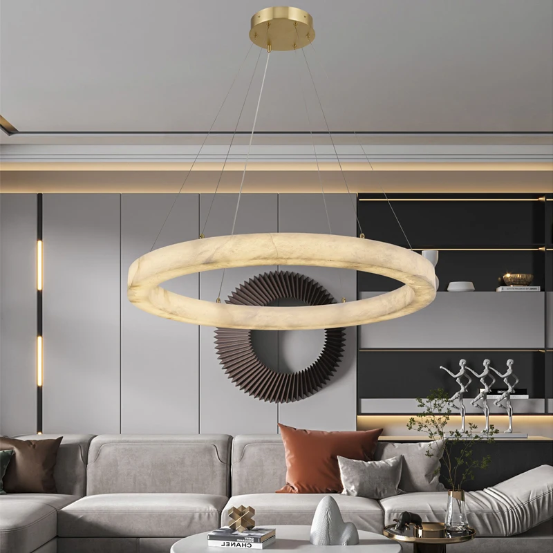 Nordic Minimalist Circle Hang Pendant Lamp Luxury Modern Natural Alabaster Ring Chandelier Lighting For Restaurant Living Room