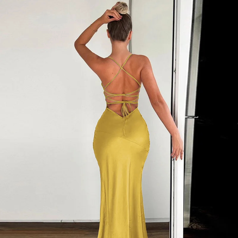 Elegant V Neck Open Back Split Club Long Dresses Party Backless Satin Birthday Bodysuit Sexy Prom Clubwear Strapless Maxi Dress