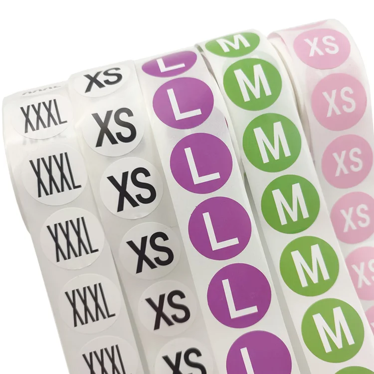 Custom Printed Round Adhesive Label Roll Clear Size Number Stickers XS S M L XL XXL XXXL for Clothes T-Shirts for Gifting
