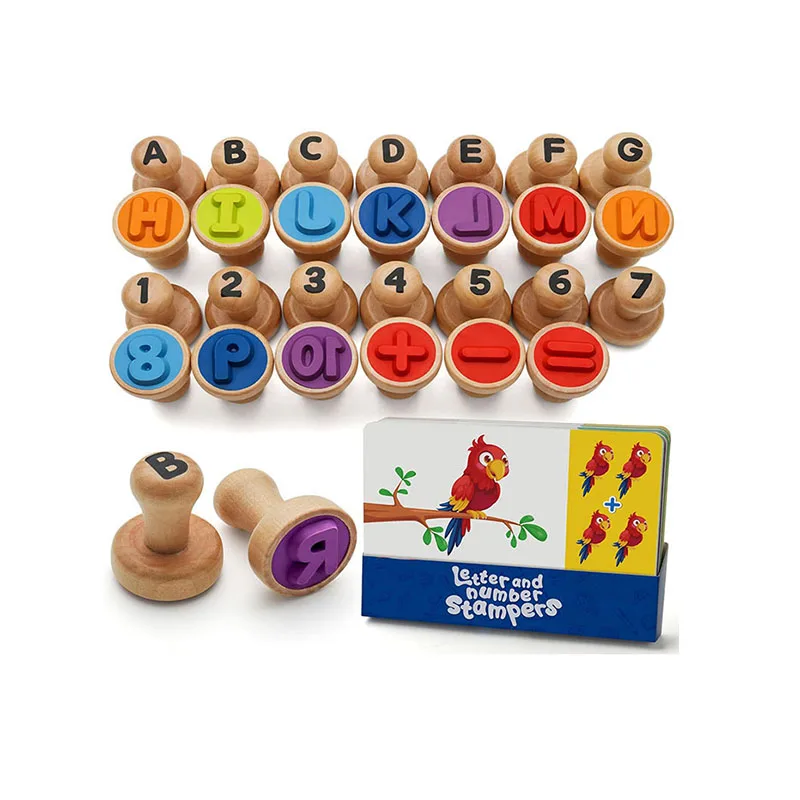 Montessori Educational Toy Wooden Alphabet Number Stamp Flashcard ABC Spelling Letter Stampers and Mathematics Number Stampers