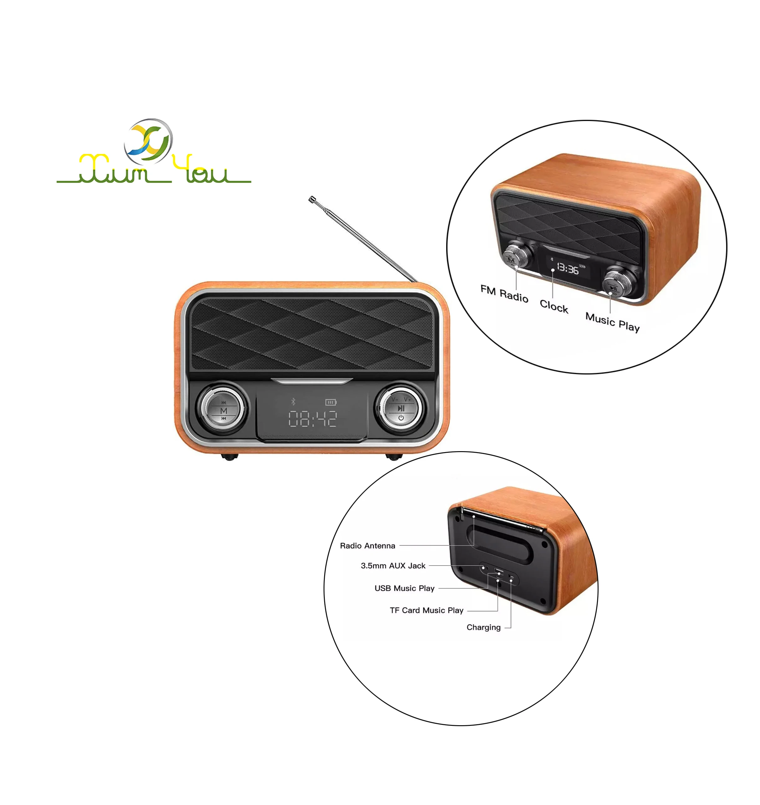 OEM Factory Sell Vintage Retro Radio Home Bluer Tooth Speakers with Compatible Android Tablet  Wood Alarm Clock Wireless Charger