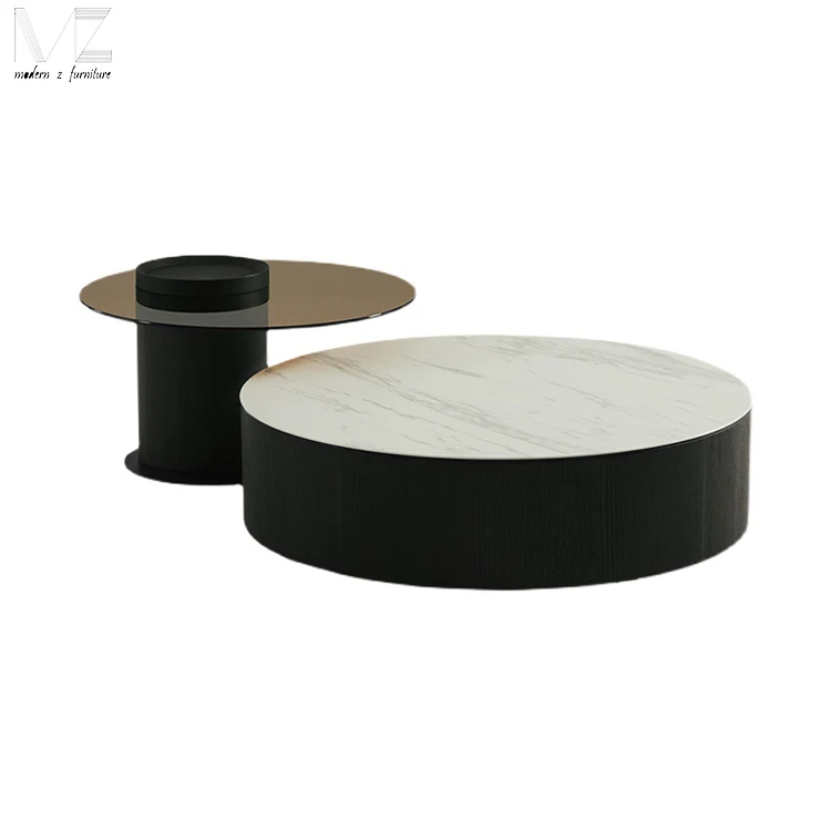 Wholesale Luxury Furnitures Round Marble Top Metal Tray Side Table End Modern Tempered Glass Iron Coffee Table Set
