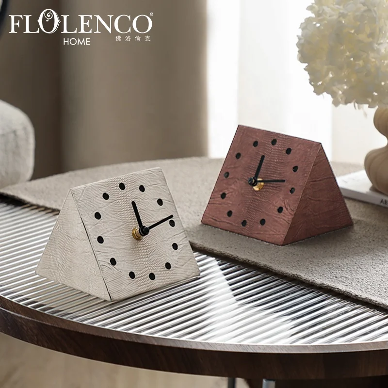 Flolenco Luxury Home Tabletop Decor Clock Wooden Crafts Geometric Triangle Decorative Desk Clock