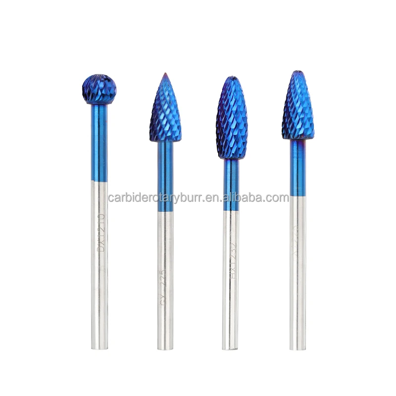 Total Length 100mm Long shank Metal File Double Cut Tungsten Carbide Rotary Burrs 6mm Shank Nano Blue Coated Rotary File burr