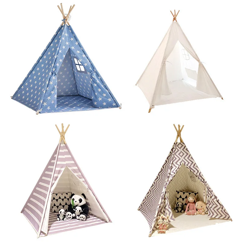 Wholeale White Princess High Quality Cute Star Design Led Light Wood Pole Children Kids Play Teepee Toy Tents