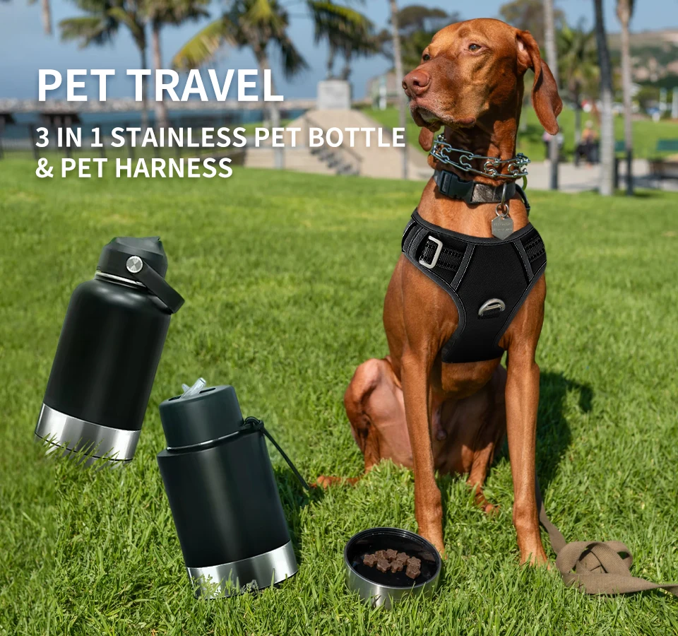 OKKPETS Custom Logo 32Oz Portable 3 in 1 Dog Water Bottle Pet Feeder Travel Bowl Insulated Dog Bottle