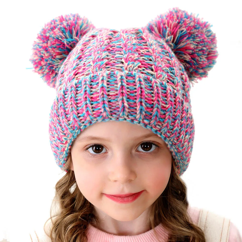 Winter Hats For Kid Knit Beanie Baby Hats Children Fur Pom Pom Hats For Girls Boys Cute Bear Kids Warm