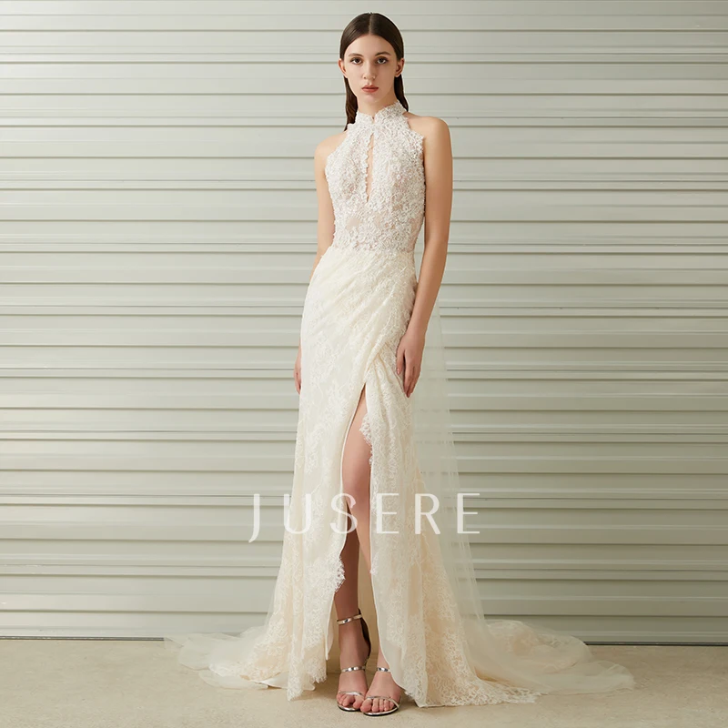New collection high collar ivory wedding gowns sexy high split lace wedding dresses for women 2022