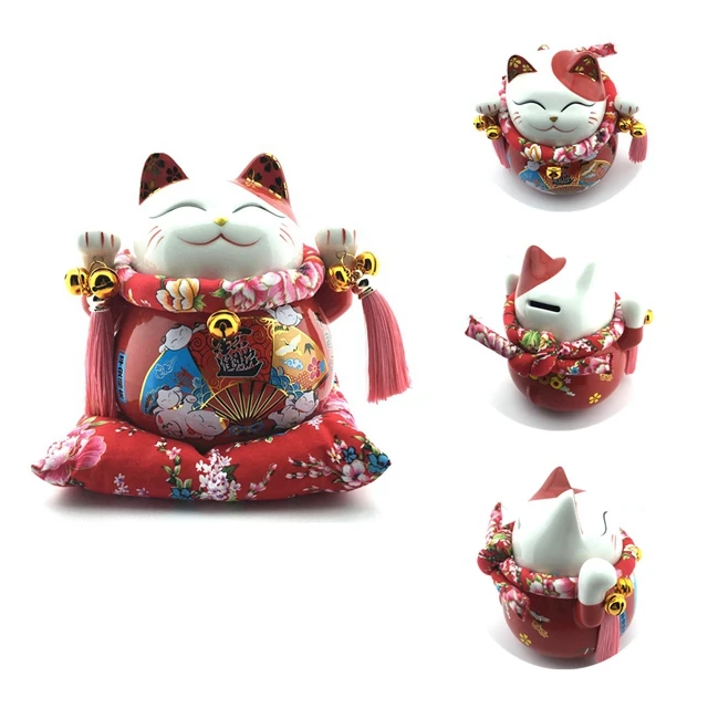 Feng Shui Ceramic Fortune Lucky Cat Coin Bank Japan Maneki Neko Waving Cat Ceramic Battery Lucky Cat Piggy Bank Home decoration