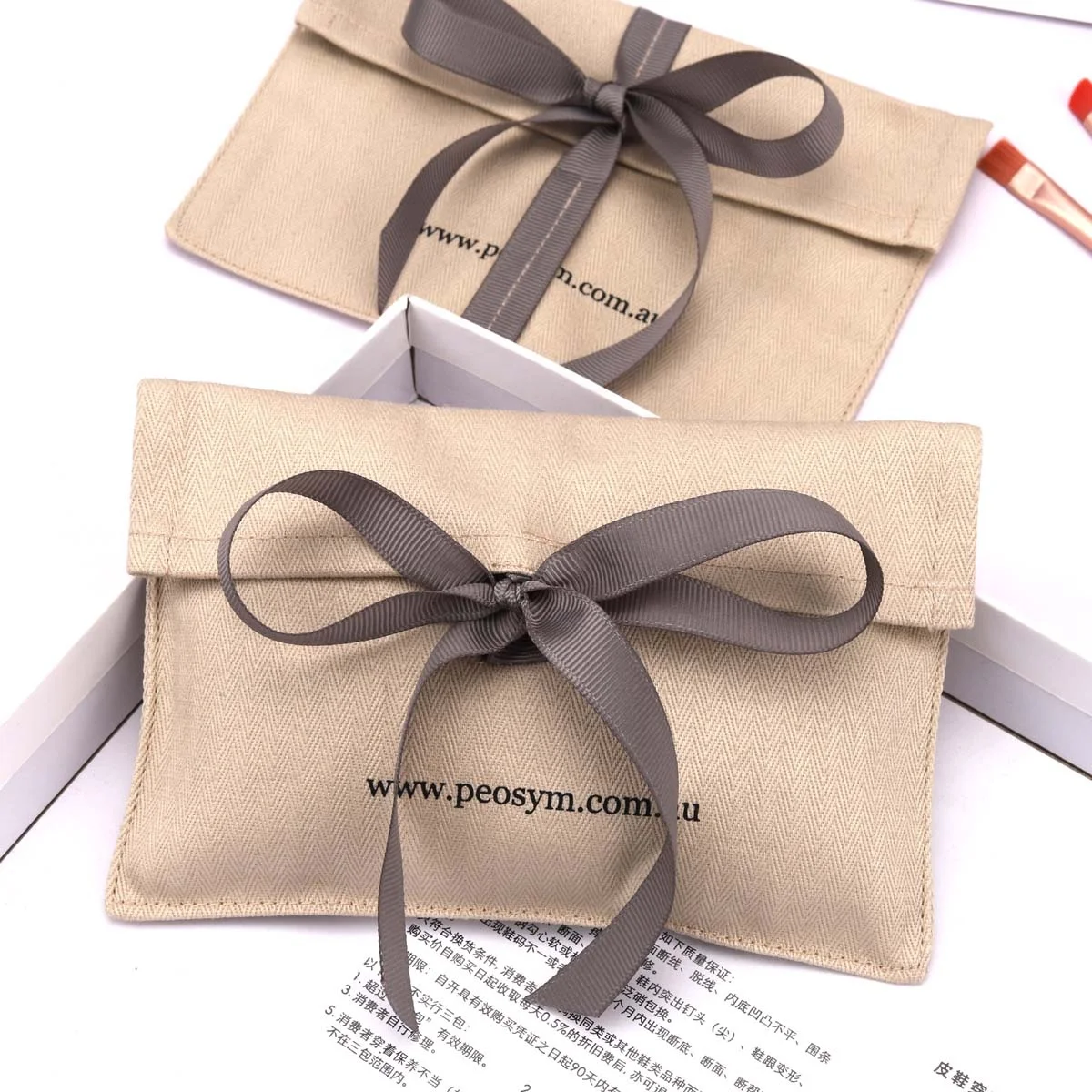 Luxury Recyclable Ribbon Envelope Herringbone Dust Bag For Jewelry Gift Patch Custom Logo Printed Cotton Envelope Pouch