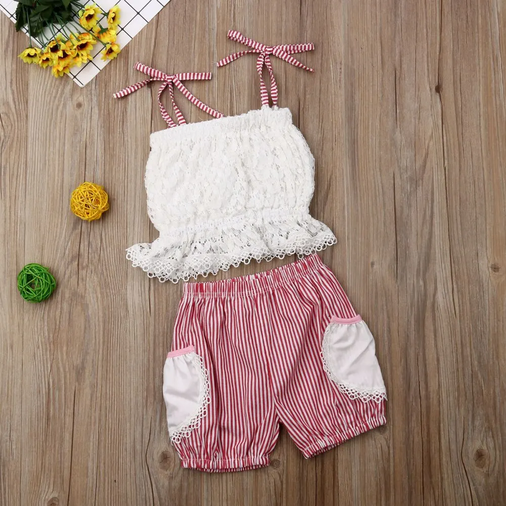 
Girl Sweet Summer Outfit Baby White Lace Ruffle Tops & Striped Bloomers 2pcs Sets 
