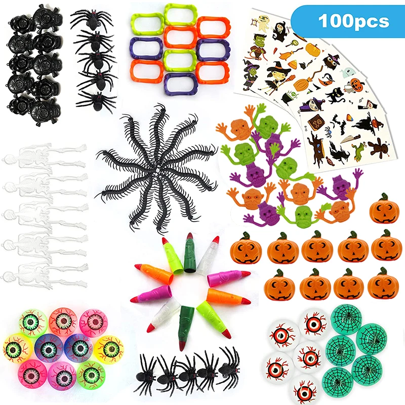 100 Pcs Halloween Party Favors Treat or Trick Toys For Kids with Bat and Pumkins