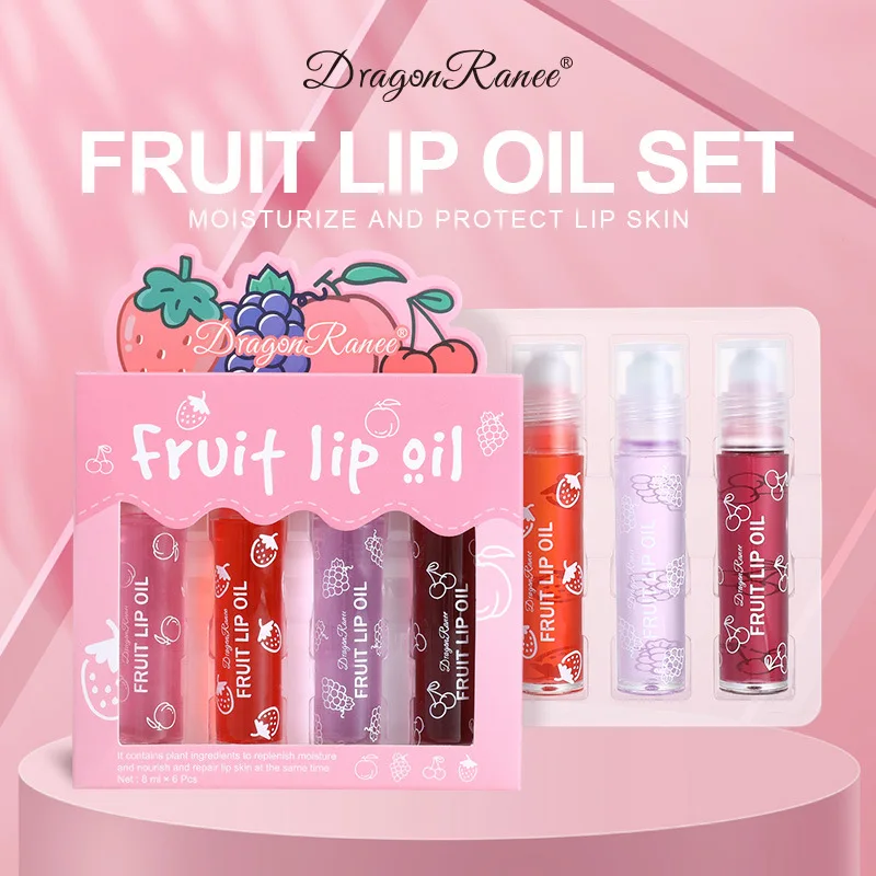 Peach Strawberry Fruit Roll-on Lip Balm Set Makeup Moisturizing Clear Cherry Grape Transparent Lip Oil Hydrating Lip Gloss GG