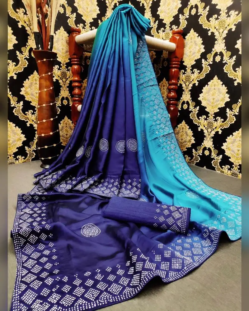 Self Designed Party wear Designer Net and velvet Silk half and half Embroidered Saree with Blouse Indian women