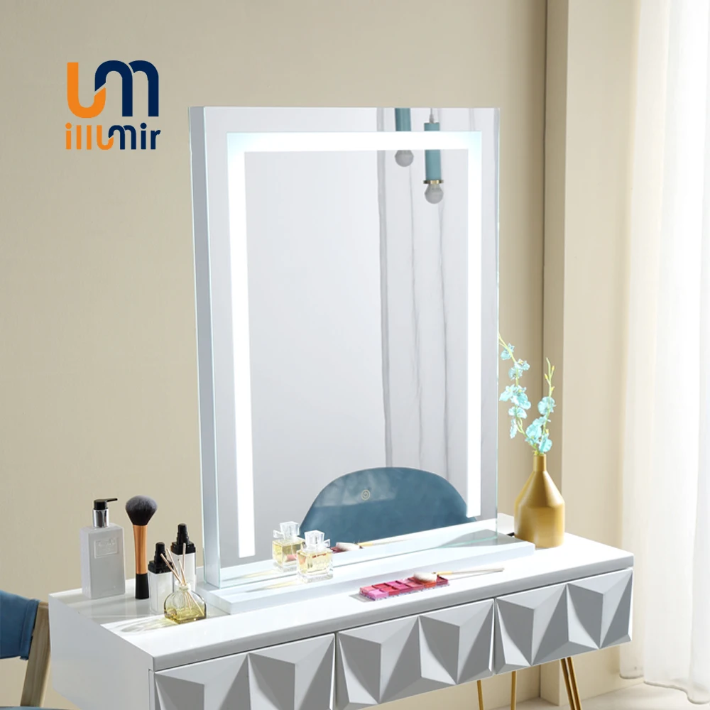 ILLUMIR European Style Cosmetic Standing Mirror With Lights Round Wooden Table Mirror Dressing