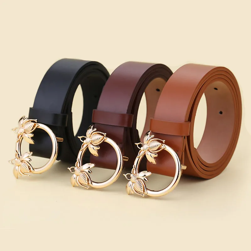 Fashion 100cm Vintage Classic Bee Buckle Belt PU Leather Adjustable Waist Belt For Dresses Pants Women Designer Leather Belts