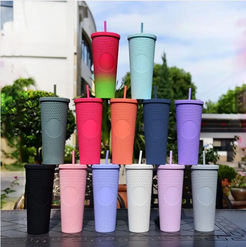 2024 Popular 24oz Tumbler Double Wall Plastic Light Blue Purple Black Matte  Tumbler With Straw