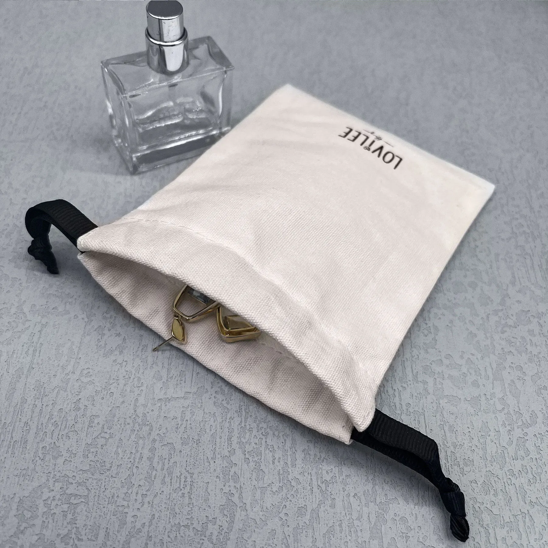 Custom Logo Printed Thick Cotton Canvas Drawstring Jewelry Pouch  with Grosgrain Gift Dust Cotton Drawstring Pouch For jewelry