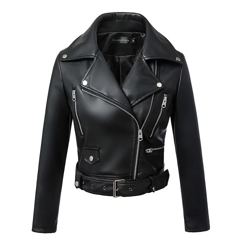 2020 New Fashion Women Autumn Winter Black Faux Leather Jackets Zipper Ladies Coat Turn-down Collar Biker Jacket