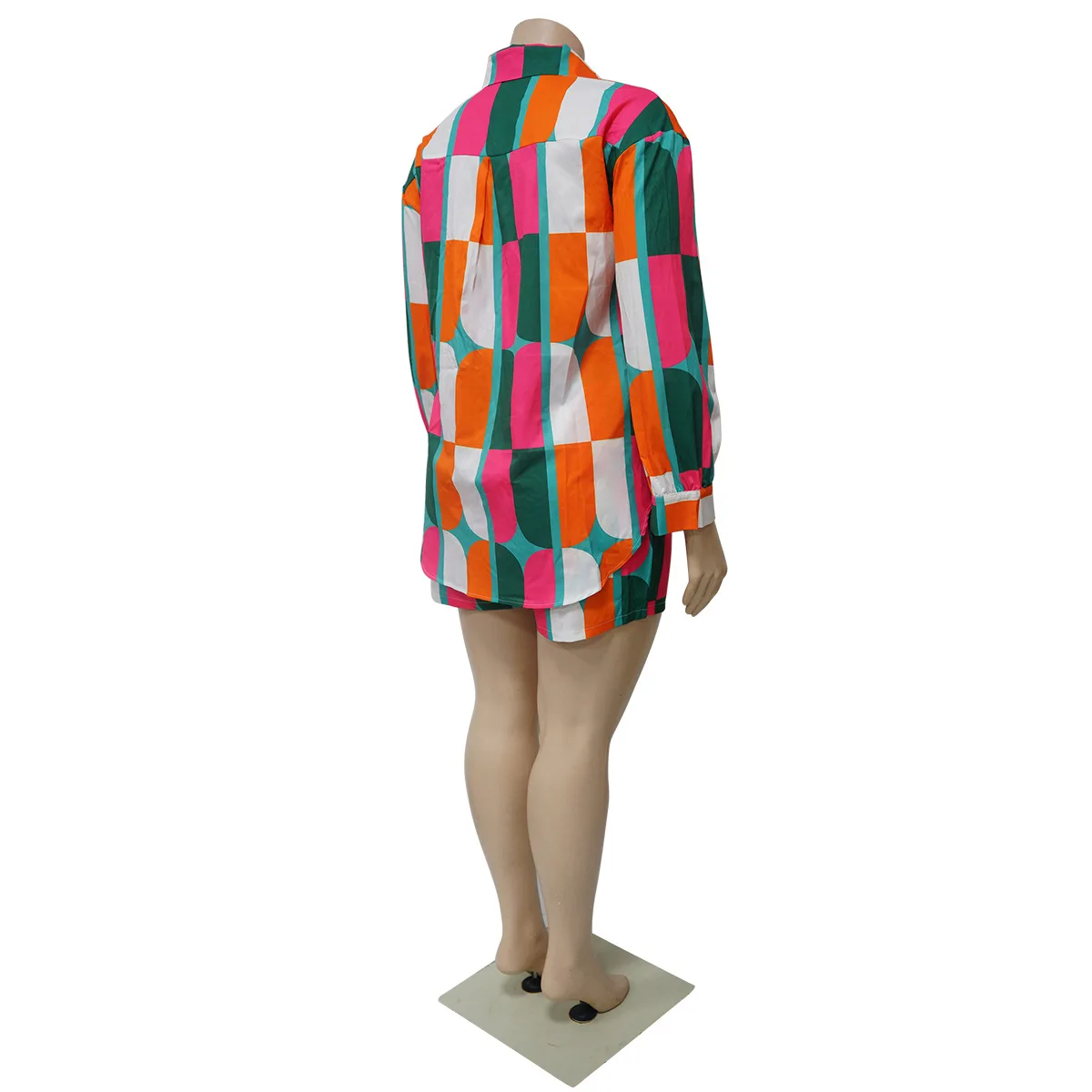 Fall Fashion Casual Geometric Pattern Printed Lapel Tropical Style Plus Size Shirt Shorts Casual Women