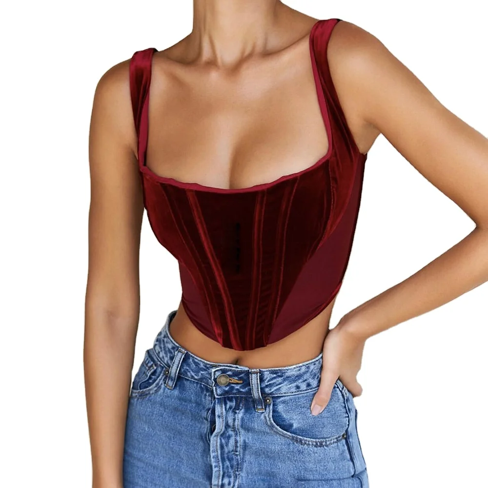 
2021 New Style Sexy Hot Women Girl Solid Color Holiday Beachwear Summer Outfit Spaghetti Strap Velvet Tank Crop Top 