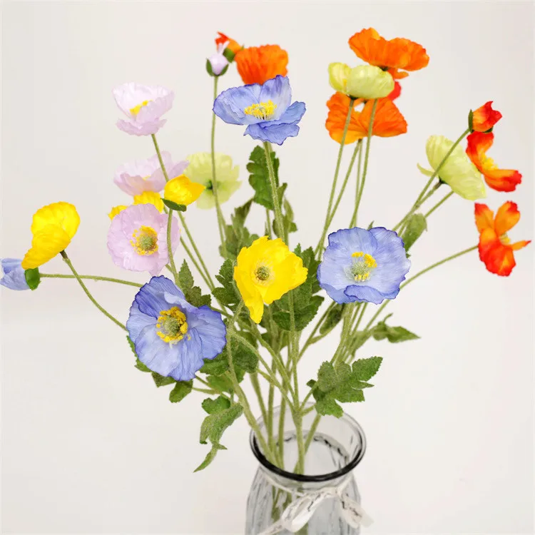 China Artificial Flower Supplier Bulk Supply Wedding Decoration Silk Artificial Flocking Stem Poppy Flowers