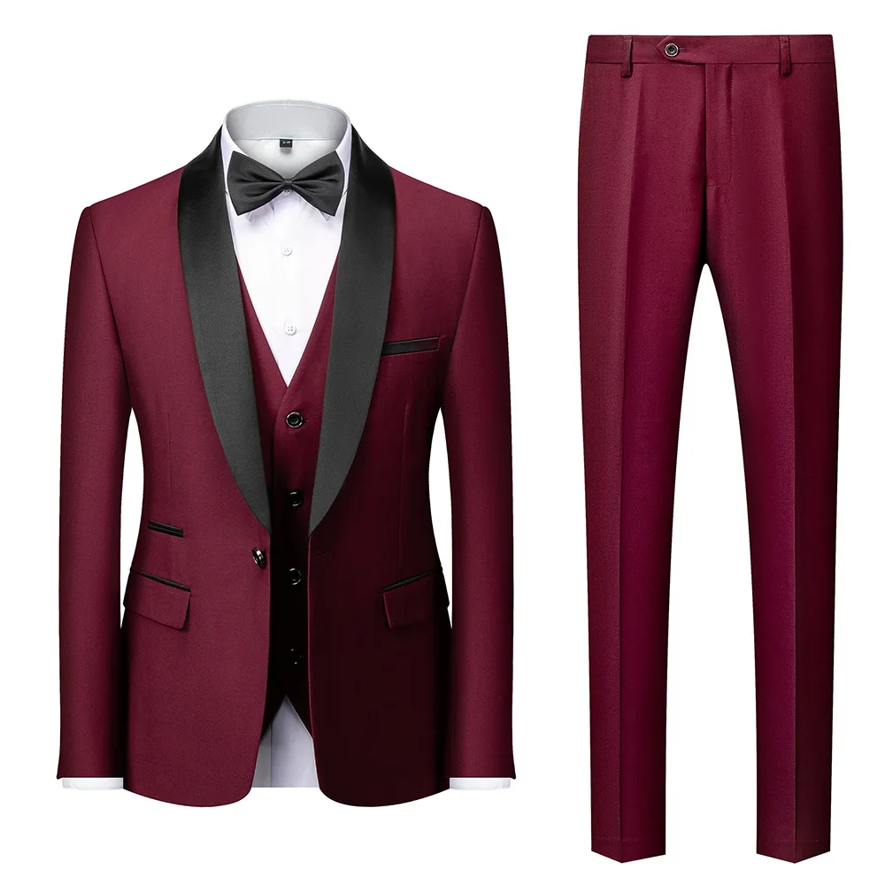 High Quality Men Suit 3 Pieces Set Wedding Elegant Blazers Shawl Collar Luxury Jacket Pants Vest Formal Coat Skinny Dress