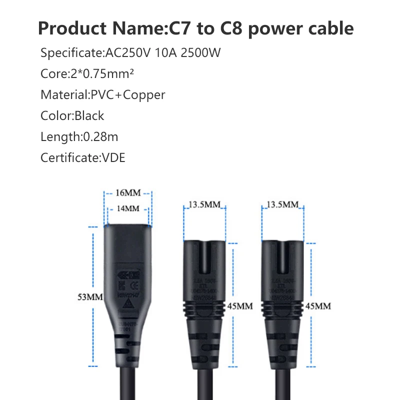 2 Ways C7 to C8 power cable with 0.28m 10A250V female to male two jack extension power cord Current separator cable