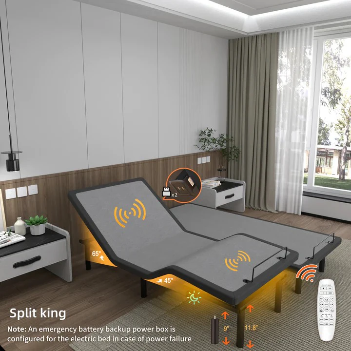 Zero Clearance Split King Massage Contour Electric Adjustable Bed Base with Silent Drive Okin Motors