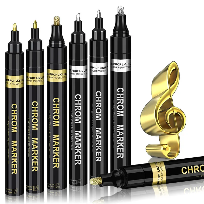 6Pcs Liquid Mirror Chrome Markers Silver & Gold Oil-based Permanent Chrome Mirror Paint Pens for  Marking or DIY Art Projects