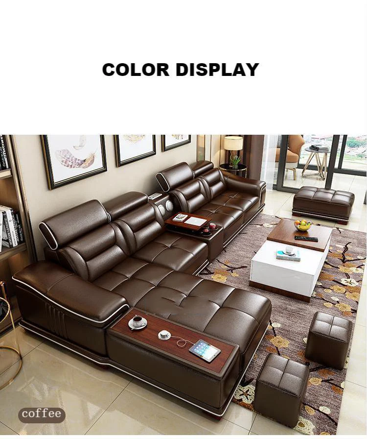 factory modern design sofa multifunctional adjustable height USB interface U shape leather living room sofa set Hotel Furniture