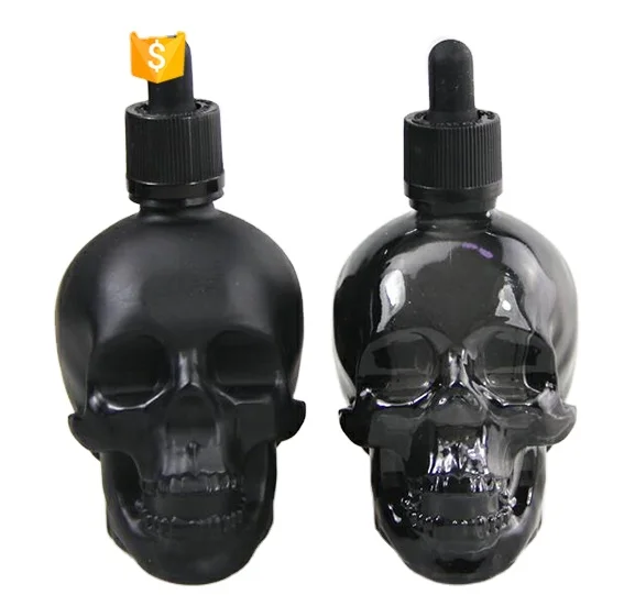High Quality 60ml 2oz Frosted Black Skull Glass Dropper Bottle With Child Safety Dropper Cap