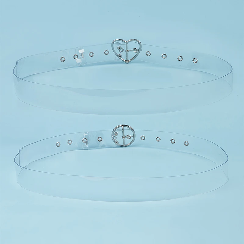 2Pcs Fully Transparent Belt Ins Wind Skirt Female Silver Round Button And Silver Love Button Pvc Plastic Belt