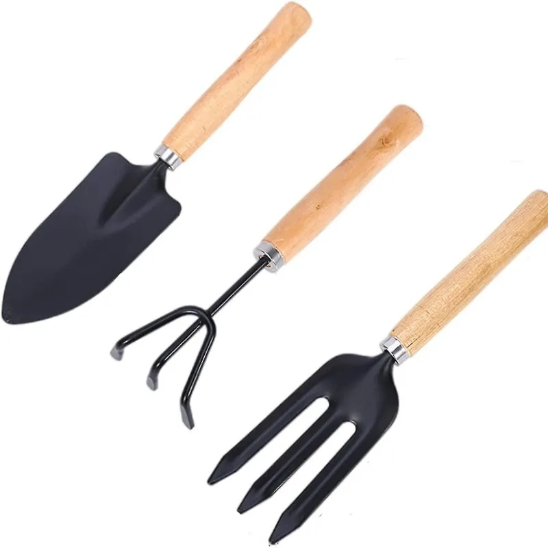 3 Pieces Stainless Steel Heavy Gardening Kit Including Hand Shovel Transplant Shovel and Hand Rake with Ergonomic Wooden Handle