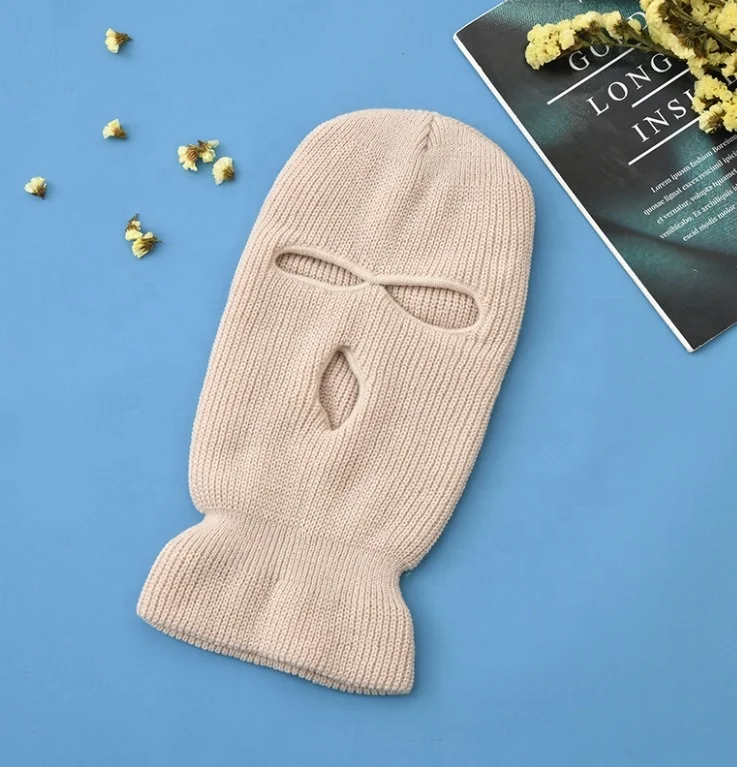 Дешевая оптовая продажа, акриловая вязаная однотонная Лыжная маска с 3 отверстиями, облегающая маска для лица, Балаклава