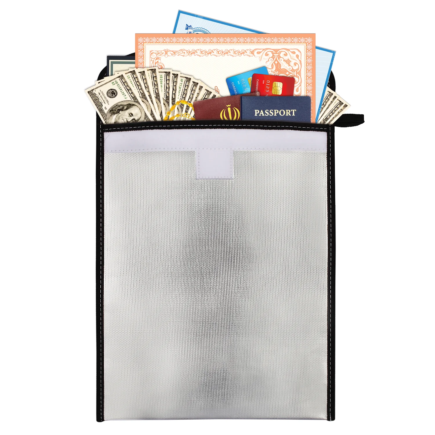 OEM Silver Aluminum Foil Fiberglass Cloth Money Jewelry Passport Laptop Cash Document File Safe Storage Fireproof Money Bag