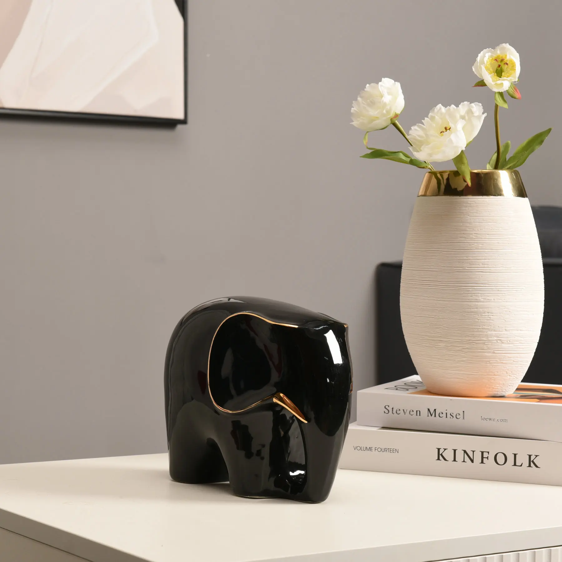 Wholesale Handmade Porcelain Crafts Animal Art Elephant Figurine Decoration Ceramic Home Ornament