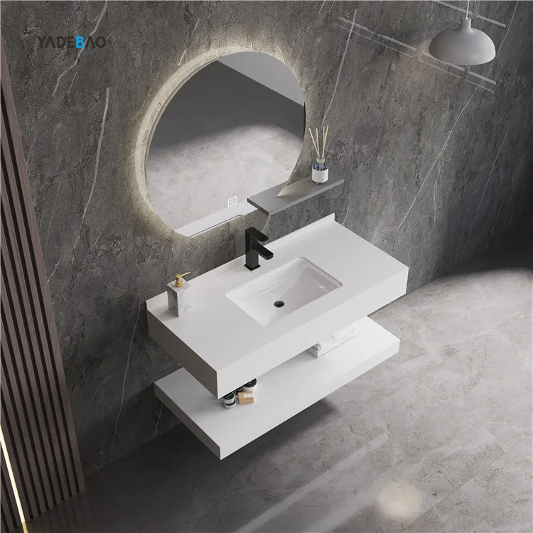 Europe 2 Layer Slate Rock Wall Mounted Lavabo Solid Surface Wash Basin Artificial Stone Bathroom Sink With LED Mirrored Cabinets