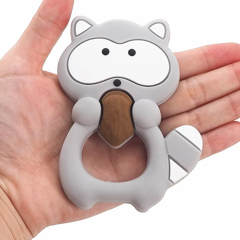 Wholesale Food Grade Baby Animal Chewing Toys Safety Natural Soft DIY Nursing Silicone Squirrel Pacifier Wood Teething Toy Kids