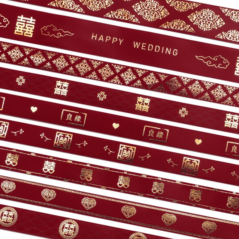 
 Новые товары, китайская Свадебная декоративная красная атласная лента из полиэстера с золотым принтом  