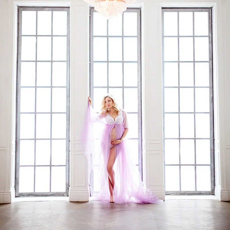 New European and American Net yarn long skirt pregnant women long sleeve photography dress