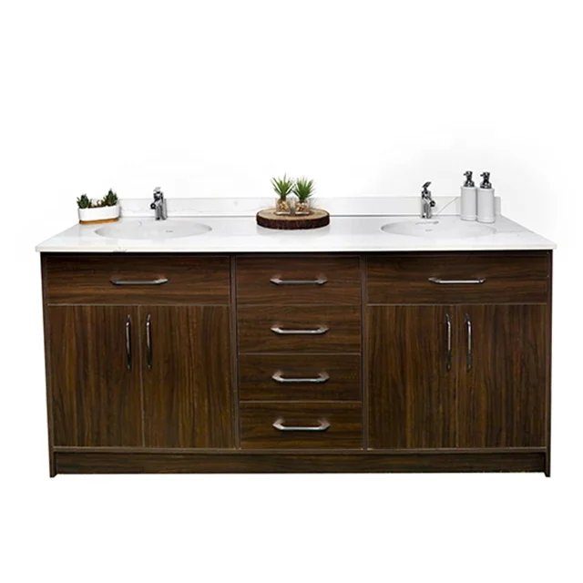 Brown wooden Bathroom Vanity  with Cabinet Natural White Countertops with Veins Double Sink Vanity By Indian manufacturer