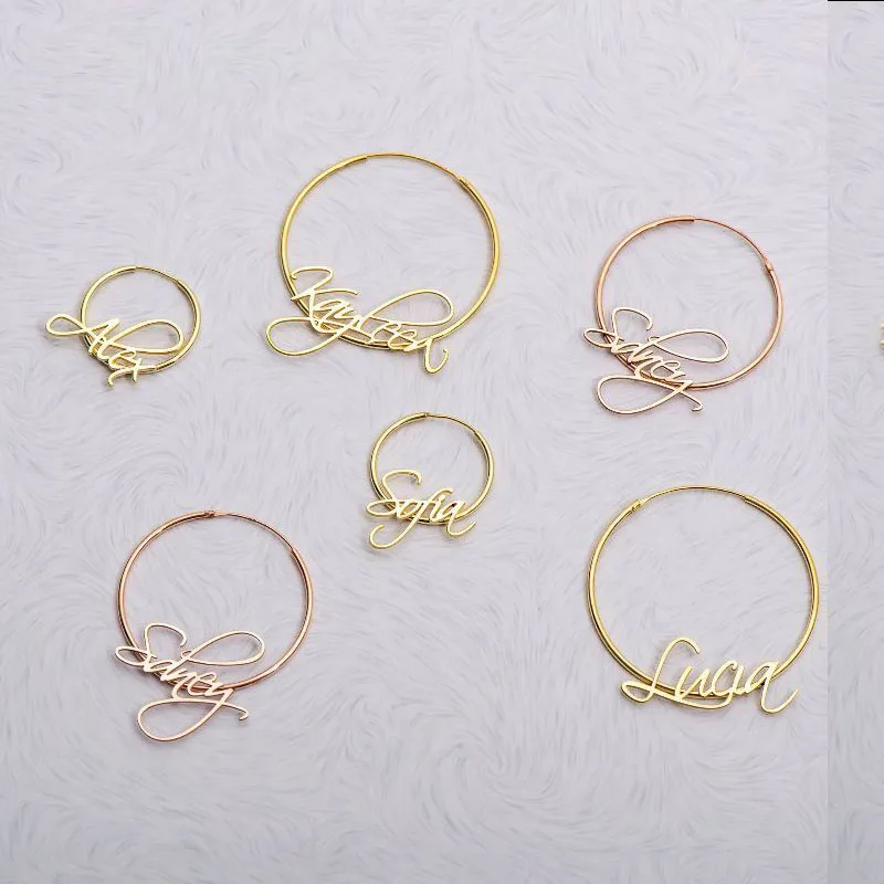 18k Stainless Steel Custom Name Hoop Earring Plate Silver Large Gold Plated Korean Style Earrings Women Bulk Hoops Custom Word