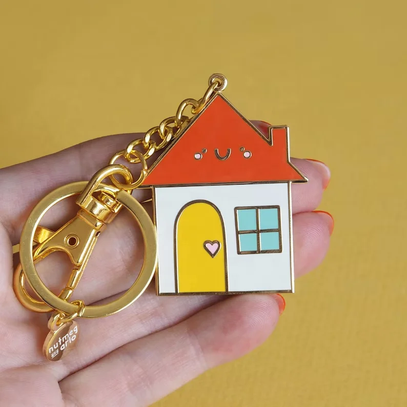 small MOQ house shaped hard enamel custom design metal keychain