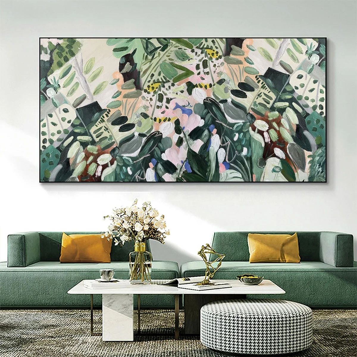 Home Decor Abstract Green Flowers Oil Painting art Canvas Large Modern Floral Acrylic Painting Boho Living Room Wall Art Decor