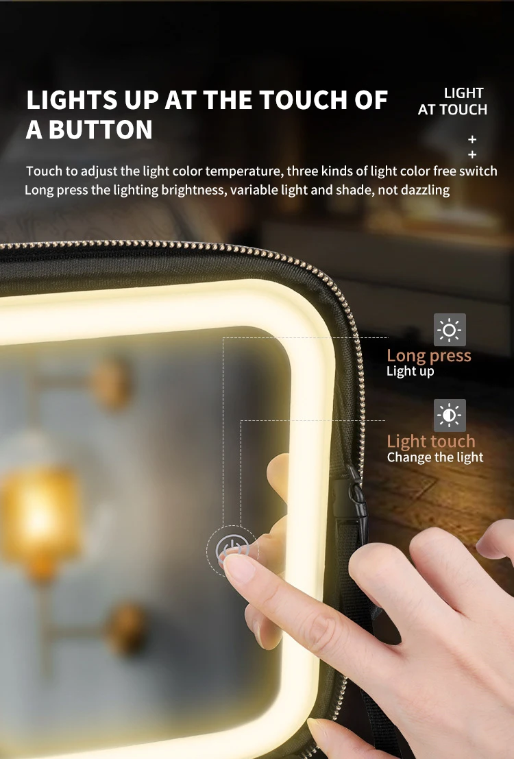 Custom logo large capacity desktop cosmetic bag storage box waterproof PU travel portable makeup bag case with LED light mirror