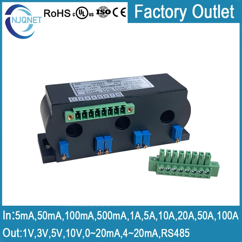 Three Phase Current Sensor QN3DB1 AC 1A 5A 10A 20A 50A 100A / DC 4 20mA 10V 5V RS485 hall Current Transducer Transmitter factory